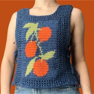 Handmade crochet mesh tank top with tangerine graphic size S/M
